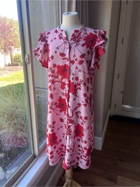 Zara Linen Pink Floral Print Midi Dress with Ruffle Sleeves Medium NWOT